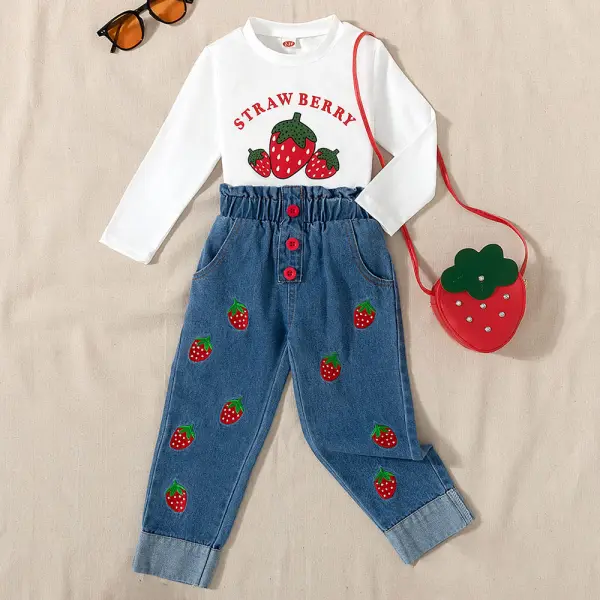 【2Y-7Y】3-piece Girls Strawberry Print Long Sleeve T-shirt And Embroidered Jeans Set With Bag - Popopieshop.com 