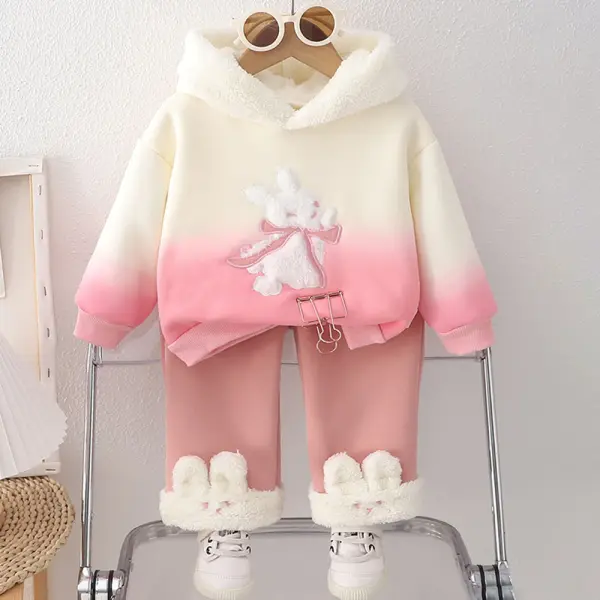 【6M-3Y】2-piece Baby Girl Pink Gradient Thick Fleece Bunny Embroidered Hooded Sweatshirt And Pants Set - Popopieshop.com 