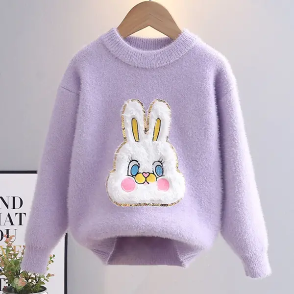 【3Y-10Y】Girls Bunny Embroidered Round Neck Long Sleeve Sweater - Popopieshop.com 