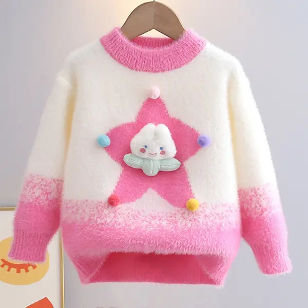 【3Y-10Y】Girls Star Pom Pom Cartoon Applique Round Neck Long Sleeve Sweater - Popopieshop.com 