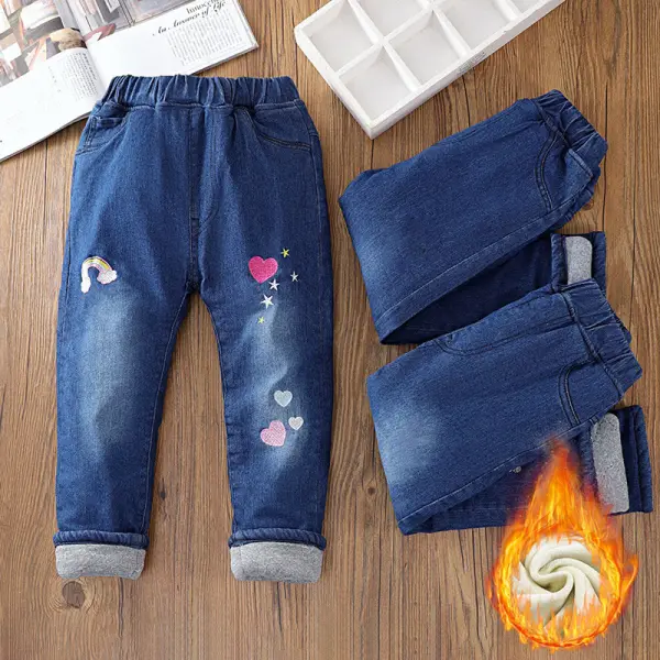 【2Y-10Y】Girls Thick Strawberry And Heart Embroidered Jeans - Popopieshop.com 