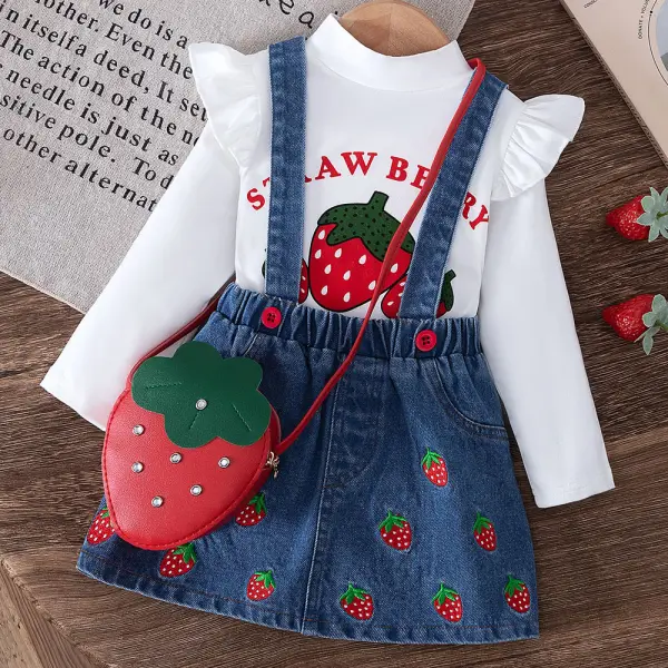 【6M-3Y】3-piece Baby Girls Strawberry Print Long Sleeve T-shirt And Denim Embroidered Dress With Bag - Popopieshop.com 