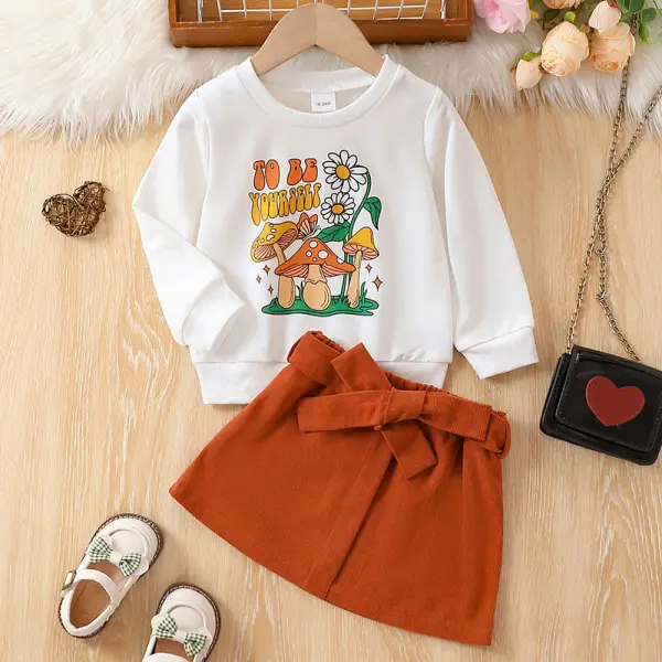 【18M-6Y】2-piece Girls Brown Cartoon Print Long Sleeve Sweatshirt And Corduroy Skirt Set - Popopieshop.com 