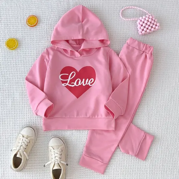 【2Y-7Y】2-piece Girls Pink Heart Print Long Sleeve Hooded Sweatshirt And Pants Set - Popopieshop.com 