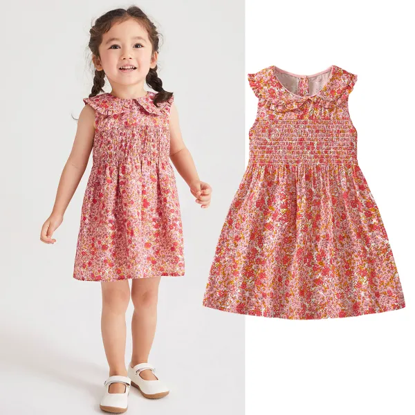 【1Y-7Y】Girls Sweet Orange Floral Print Lapel Sleeveless Dress - Popopieshop.com 