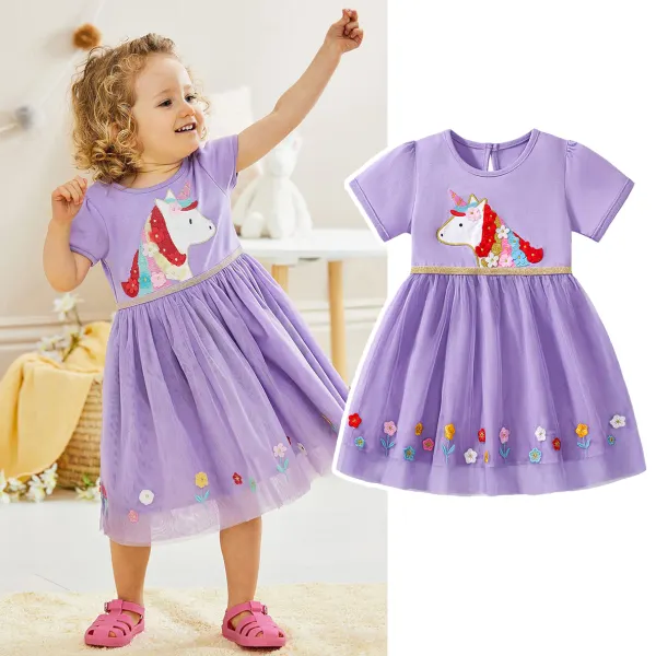 【1Y-7Y】Girls Cute Floral Unicorn Embroidered Purple Short Sleeve Dress - Popopieshop.com 
