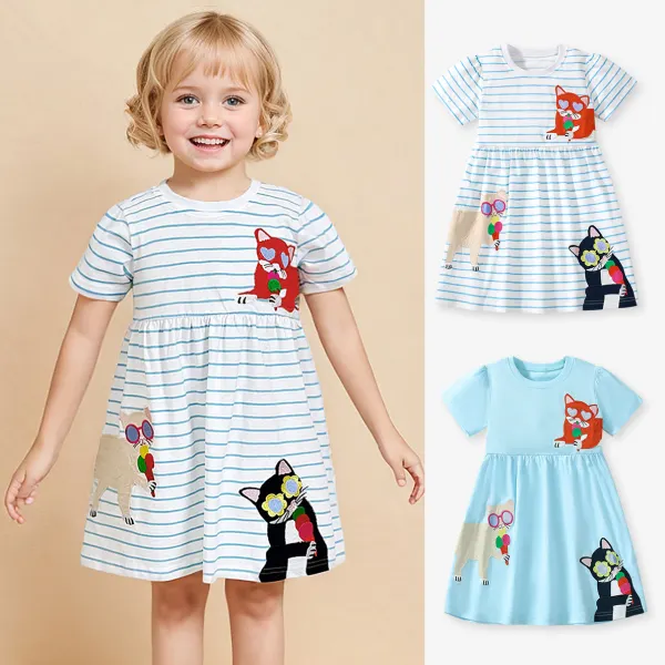 【1Y-7Y】Girls Cute Cartoon Animals Embroidered Short Sleeve Dress - Popopieshop.com 