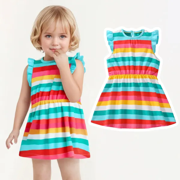 【1Y-7Y】Girls Cute Rainbow Color Striped Short Sleeve Dress - Popopieshop.com 
