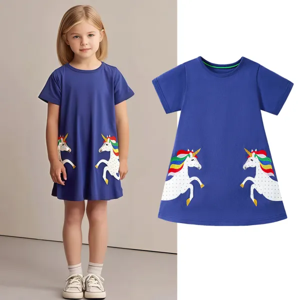 【1Y-7Y】Girls Cute Unicorn Embroidered Navy Short Sleeve Dress - Popopieshop.com 