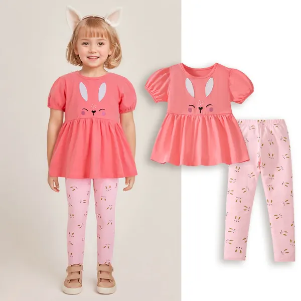 【1Y-7Y】2-piece Girls Cute Bunny Embroidered Orange-Pink T-shirt And Pink Leggings Set - Popopieshop.com 