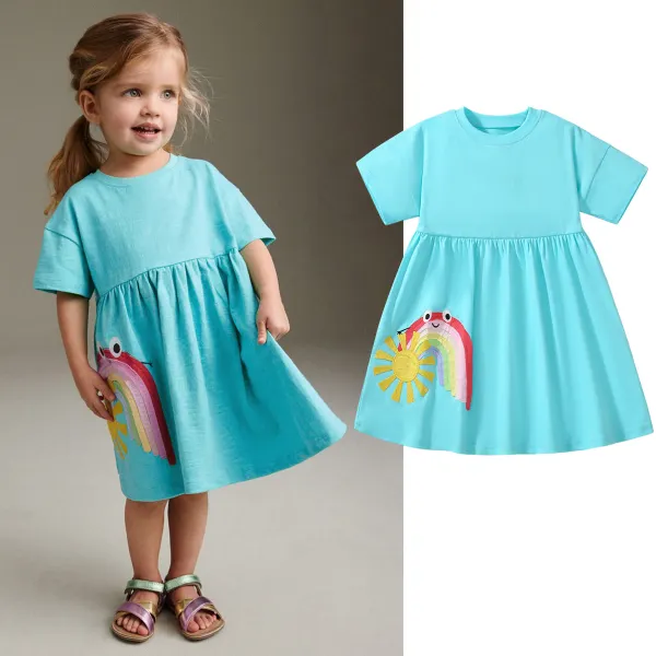 【1Y-7Y】Girls Cute Rainbow And Sun Embroidered Blue Short Sleeve Dress - Popopieshop.com 