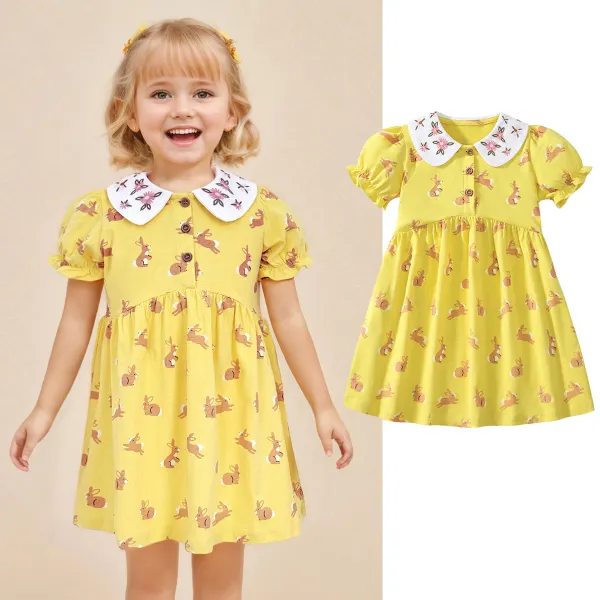 【1Y-7Y】Girls Cute Floral Embroidered Collar Bunny Print Yellow Short Sleeve Dress - Popopieshop.com 