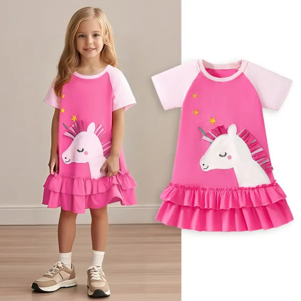 【1Y-7Y】Girls Cute Unicorn And Star Embroidered Rose Short Sleeve Dress - Popopieshop.com 