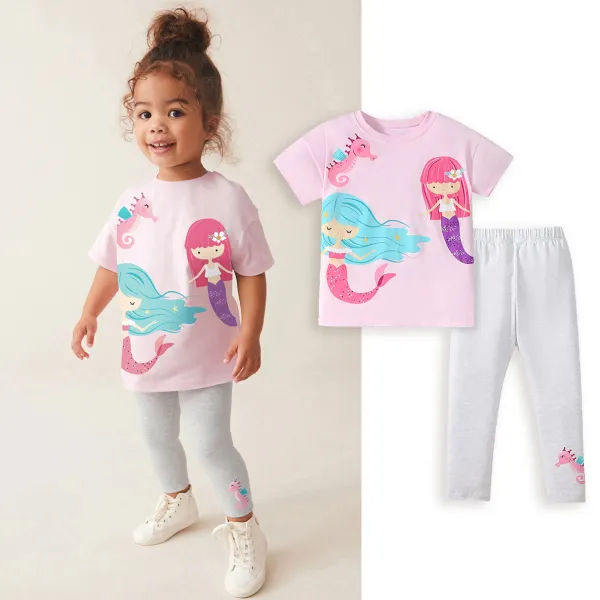 【1Y-7Y】2-piece Girls Cute Mermaid Print Pink T-shirt And Gray Leggings Set - Popopieshop.com 