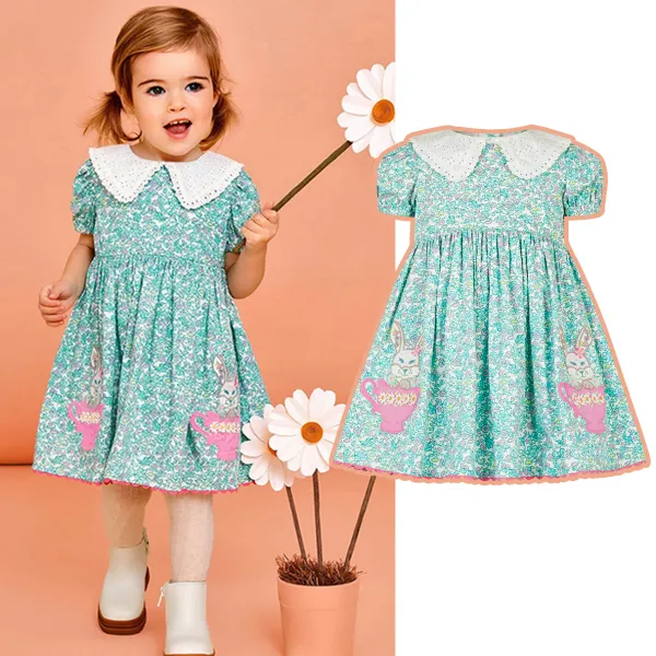 【1Y-7Y】Girls Cute Bunny Embroidered Green Floral Printed Flap Dress - Popopieshop.com 