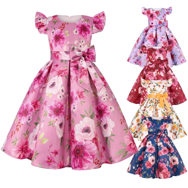 【2Y-10Y】Girls Elegant Flower Print Bow Princess Dress - Popopieshop.com 