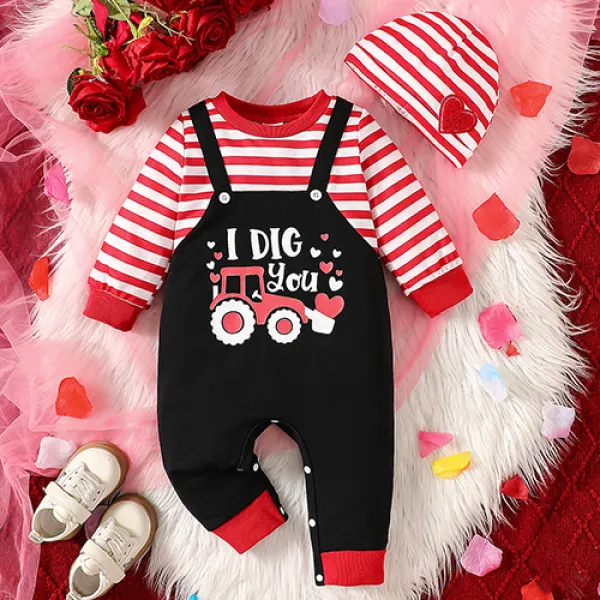 【0M-18M】2-piece Baby Fake Two-Piece Striped Excavator Printed Long-Sleeved Jumpsuit With Hat - Popopieshop.com 