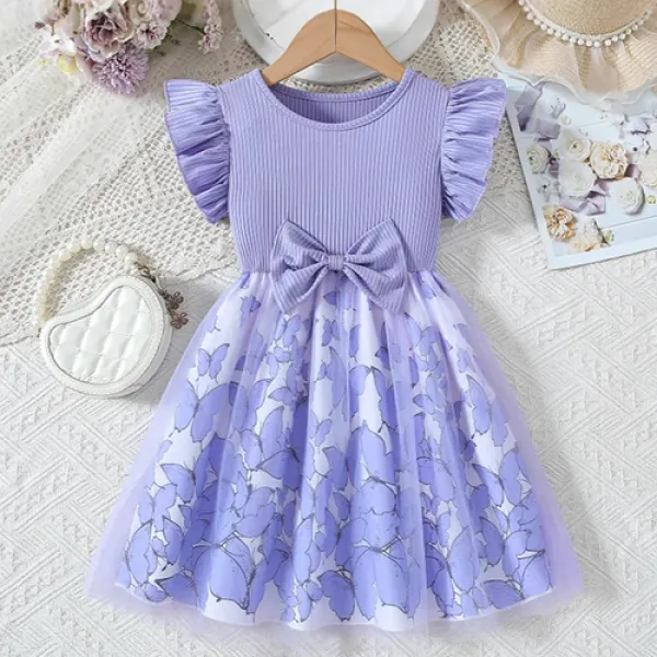 【18M-6Y】Girls Sweet Floral Butterfly Print Bowknot Ruffle Dress - Popopieshop.com 