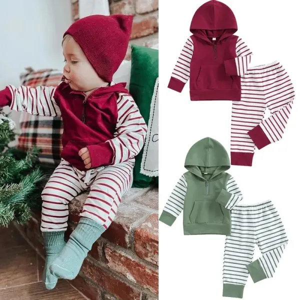 【12M-5Y】Boys Casual Cotton Striped Colorblock Hooded Sweatshirt And Pants Set - Popopieshop.com 