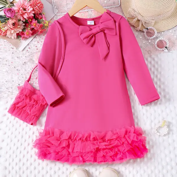 【3Y-7Y】2-piece Girls Sweet Rose Red Bow Ruffle Long Sleeve Dress With Crossbody Bag - Popopieshop.com 