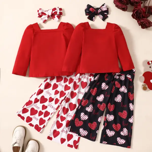 【12M-4Y】3-piece Girls Sweet Valentine Day Square Neck Puff Sleeve T-shirt And Heart Print Pants Set With Headband - Popopieshop.com 