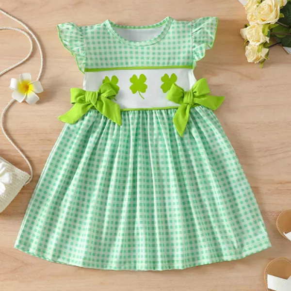 【3Y-8Y】Girls Sweet St. Patrick Four-Leaf Clover Plaid Print Bowknot Dress - Popopieshop.com 