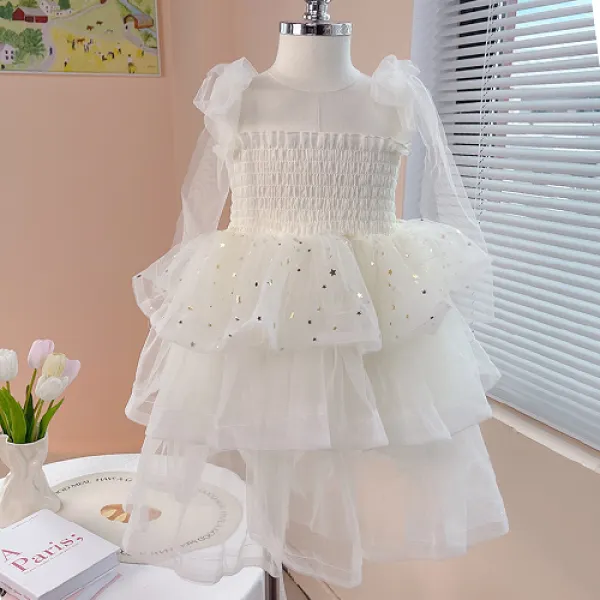 【2Y-8Y】Girls Elegant White Layered Tulle Suspender Puffy Princess Dress - Popopieshop.com 