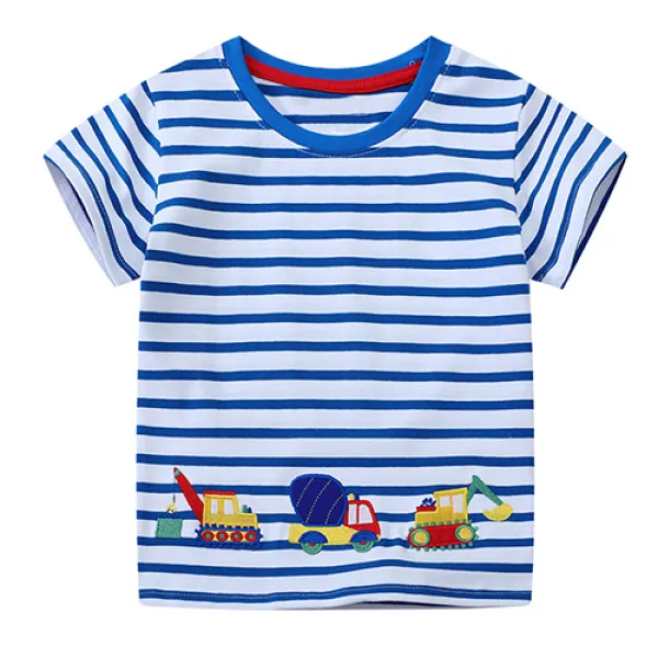 【18M-7Y】Boys Casual Blue And White Striped Excavator Embroidered Short-sleeved T-shirt - Popopieshop.com 