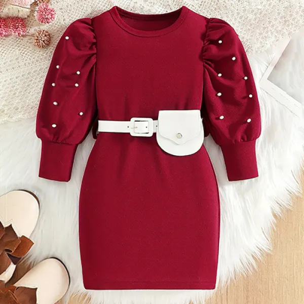 【3Y-10Y】2-piece Girls Vintage Pearl Puff Sleeve Red Dress With Waist Bag - Popopieshop.com 