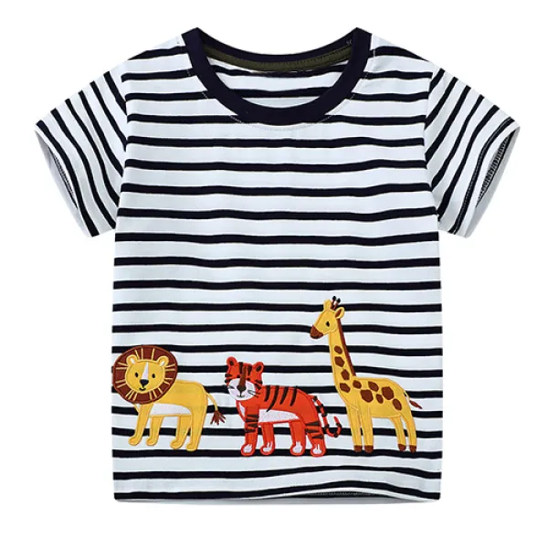 【18M-7Y】Boys Cute Black And White Striped Animal Embroidered Short Sleeve T-shirt - Popopieshop.com 