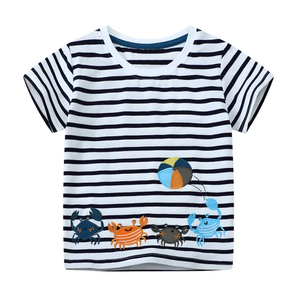 【18M-7Y】Boys Casual Striped Crab Embroidered Short Sleeve T-shirt - Popopieshop.com 