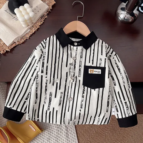 【12M-5Y】Boy Casual Striped Print Colorblock Lapel Long Sleeve Shirt - Popopieshop.com 