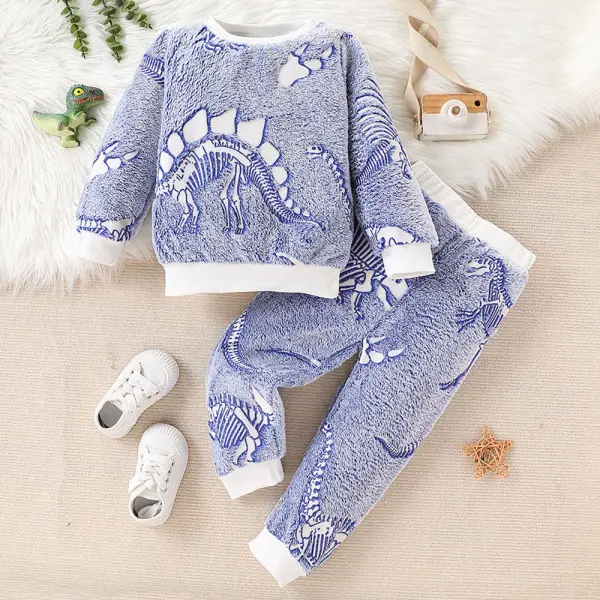 【1Y-8Y】2-piece Boys Blue Flannel Dinosaur Pattern Long Sleeve Sweatshirt And Pants Set - Popopieshop.com 