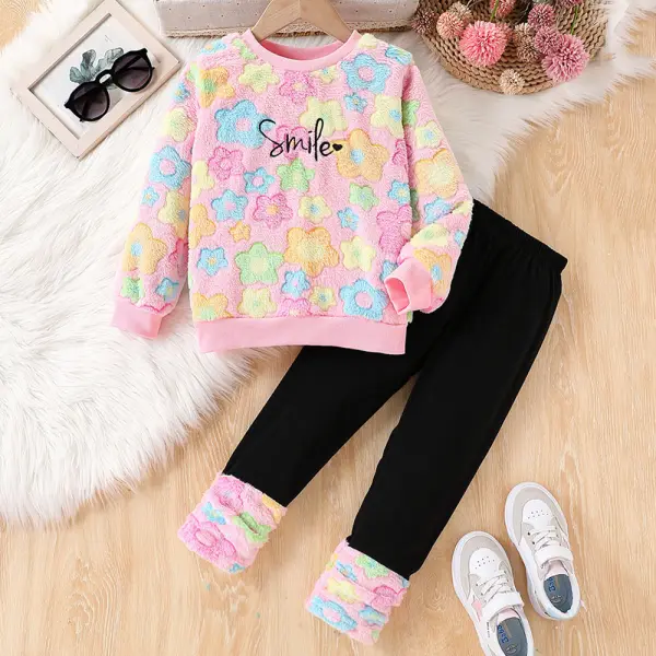 【1Y-8Y】2-piece Girls Pink Floral Flannel Letter Embroidered Long Sleeve Sweatshirt And Pants Set - Popopieshop.com 