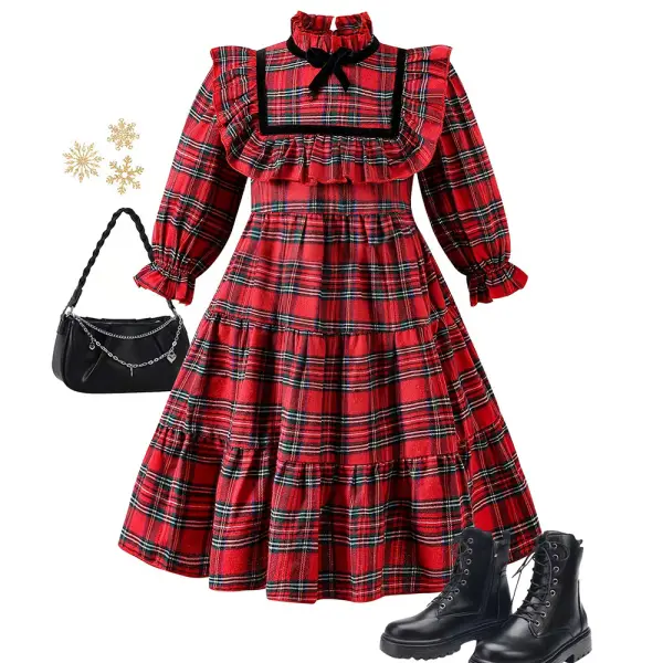 【3Y-10Y】Girls Red Plaid Long Sleeve Dress - Popopieshop.com 