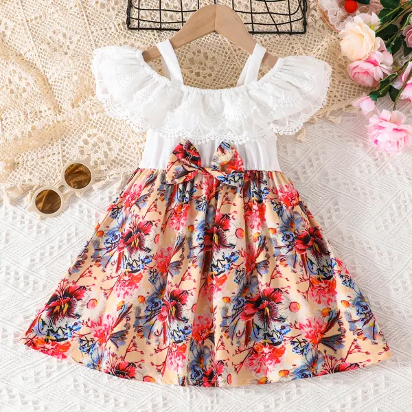 【2Y-7Y】Girls Sweet Embroidered Ruffle And Floral Print Design Dress - Popopieshop.com 