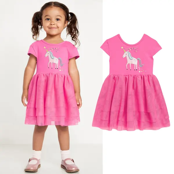【1Y-7Y】Girls Cute Unicorn And Star Embroidered Rose Short Sleeve Dress - Popopieshop.com 