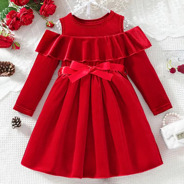【3Y-10Y】Girls Sweet And Elegant Ruffle Cold Shoulder Design Red Velvet Dress - Popopieshop.com 