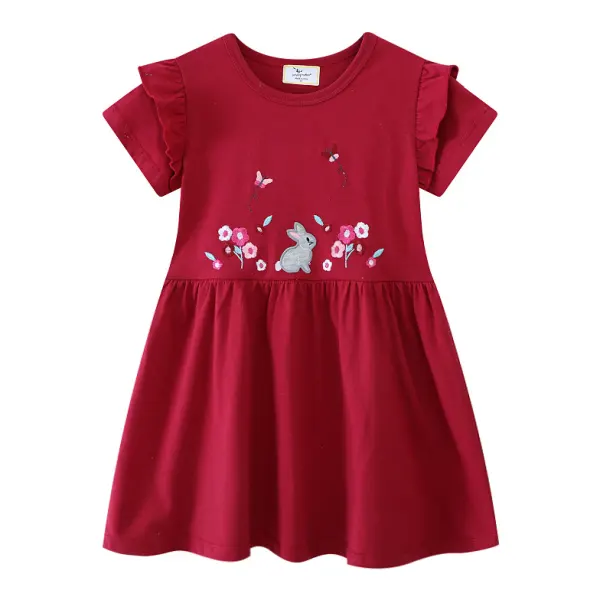 【1Y-7Y】Girls Cute Floral And Butterfly And Bunny Embroidered Red Short Sleeve Dress - Popopieshop.com 