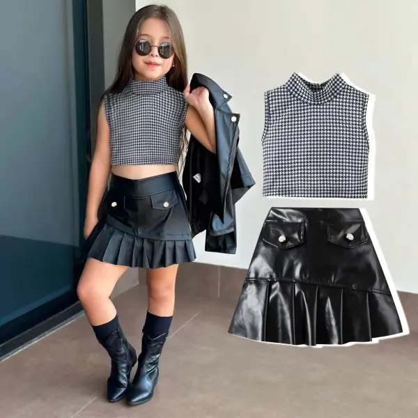【18M-6Y】2-piece Girls Casual Fashion Houndstooth Sleeveless Top And Black PU Skirt Set - Popopieshop.com 
