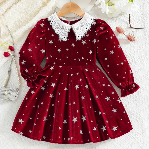【3Y-7Y】Girls Sweet Elegant Silver Star Printed Burgundy Velvet Dress - Popopieshop.com 