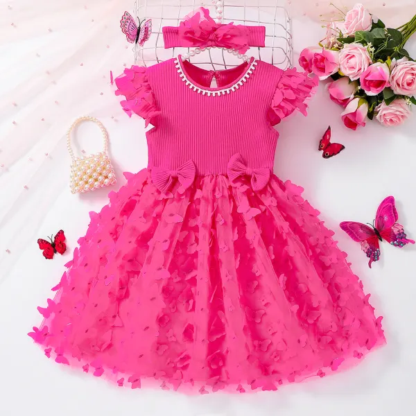 【12M-5Y】Girls Sweet And Elegant Three-Dimensional Butterfly Embroidery Mesh Dress With Bow Hairband - Popopieshop.com 