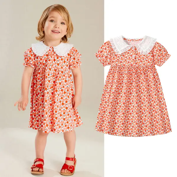 【1Y-7Y】Girls Cute Orange Fruit Print Lapel Bubble Sleeve Dress - Popopieshop.com 