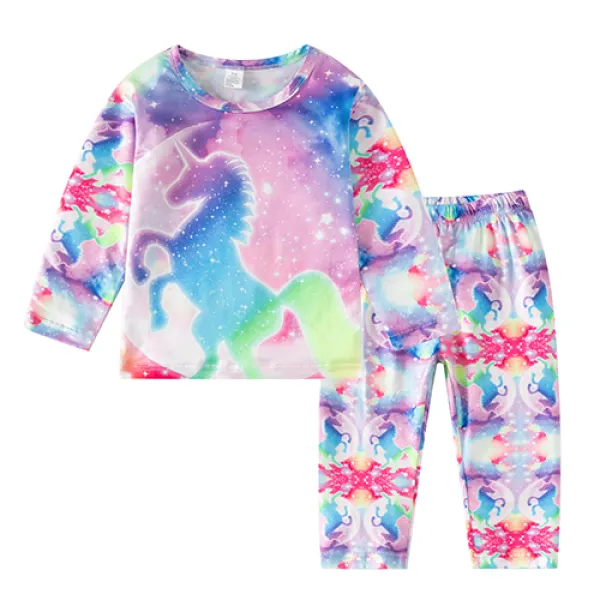 【2Y-8Y】2-piece Girls Cute Colorful Unicorn Print Long Sleeve Pajamas Set - Popopieshop.com 