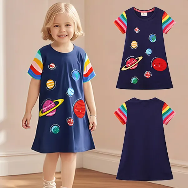 【18M-7Y】Girls Sweet Fake Two-piece Spliced ​​Planet Embroidered Short-sleeved Dress - Popopieshop.com 