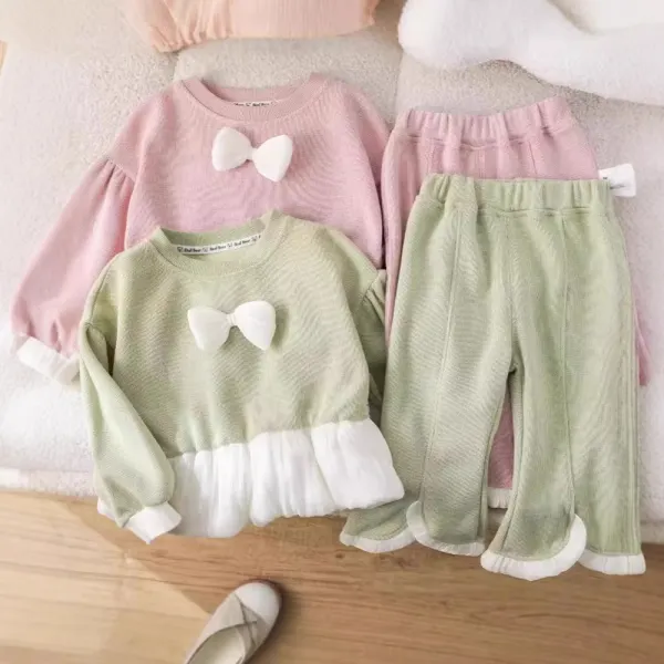 【12M-6Y】2-piece Girls Sweet Ruffle Colorblock Round Neck Sweatshirt And Flared Pants Set - Popopieshop.com 