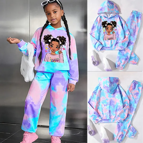【2Y-8Y】2-piece Girls Fashion Tie-Dye Cartoon Print Hooded Sweatshirt And Pants Set - Popopieshop.com 