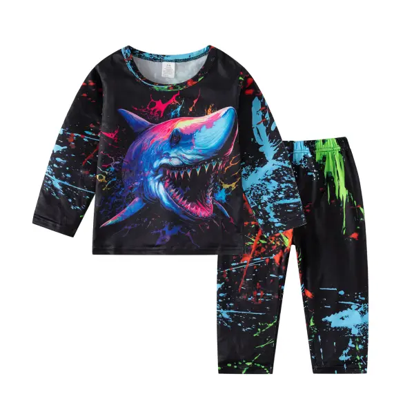 【2Y-8Y】2-piece Boys Casual Dinosaur Print Long Sleeve Pajamas Set - Popopieshop.com 