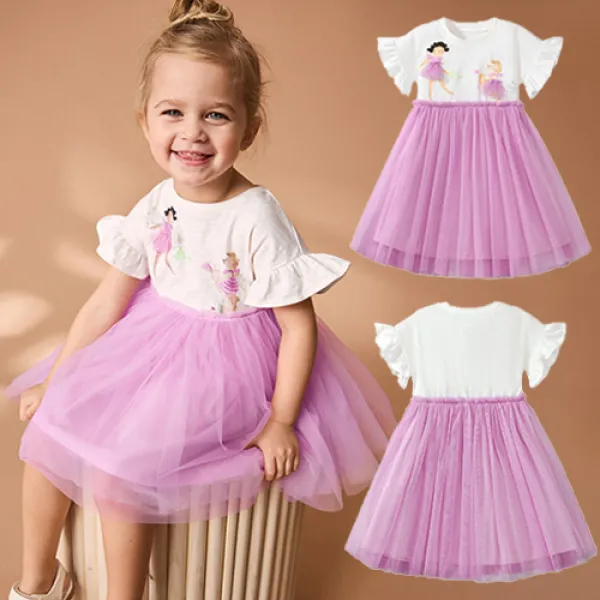【18M-7Y】Girls Sweet Little Princess Printed Splicing Layered Tulle Short Sleeve Dress - Popopieshop.com 