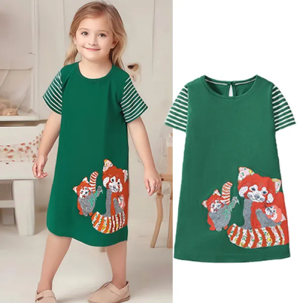 【18M-7Y】Girls Sweet Fake Two-piece Spliced ​​Little Panda Print Short-sleeved Dress - Popopieshop.com 